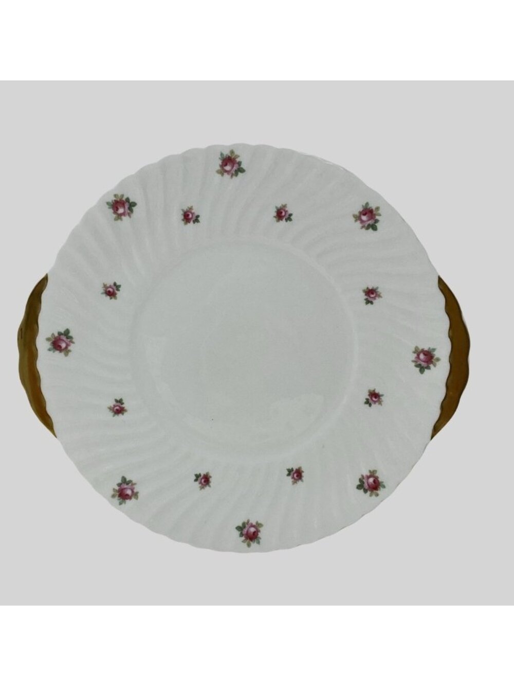 Vtg Adderley Bone China Handled  Platter Cake Plate Pink Roses Swirl Edge 10”